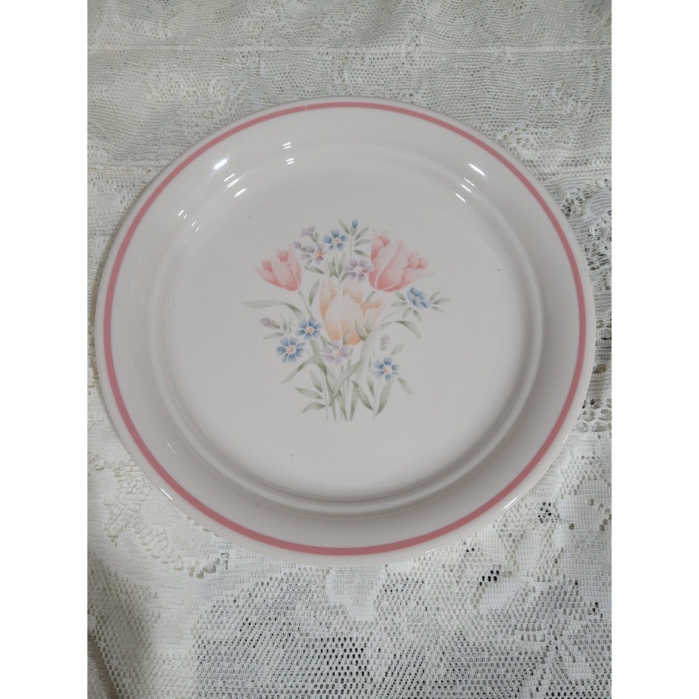 Corelle French Garden 8 1/2" Luncheon Plates Flowers Tulips Pink Band 3pc